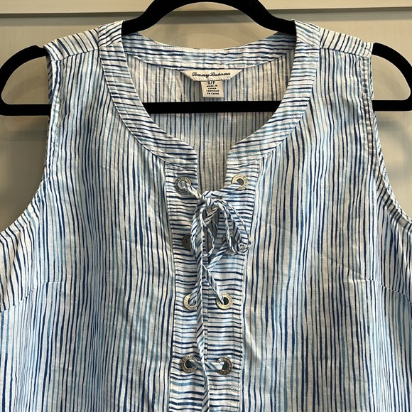EUC Tommy Bahama striped sleeveless lace front linen blouse - Picture 2 of 9